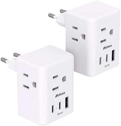 2 Pack European Travel Plug Adapter, International Power Plug Adapter with 3 Outlets 3 USB Charging Ports(2 USB C), Type C Plug Adapter Travel Essentials to Most Europe EU Spain Italy France Germany