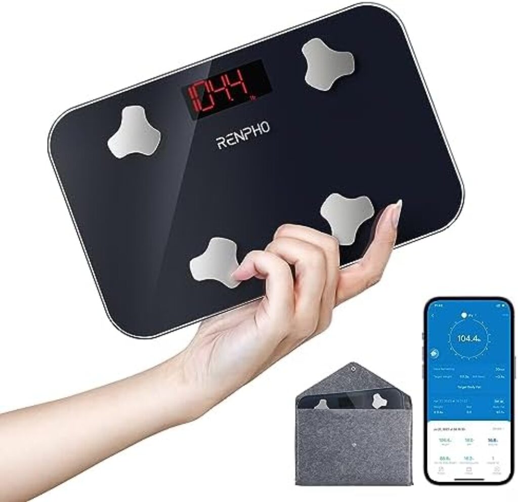 RENPHO Travel Scale for Body Weight, Mini Bathroom Scale for Body Fat, Portable Elis Go Weight Scale for Traveling with Storage Case, 13 Body Composition Analyzer with App, 400 lbs, 11.02" x 7.09"