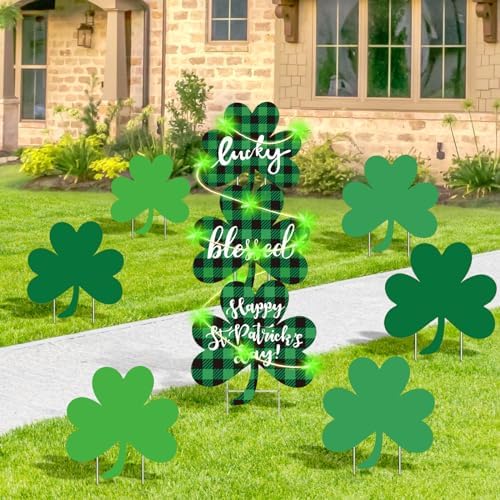 9 PCS St Patricks Day Decorations Outdoor Yard Signs with Matel Stakes - St Patricks Day Yard Decorations Outdoor - Shamrock Decorations for Saint Patricks Day