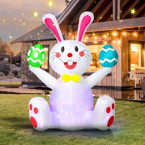 4FT Easter Inflatables Outdoor Decorations with Rotating LED Lights & Colorful Eggs, Ideal for Garden, Lawn, Party, Home - Family-Friendly Blow Up Bunny for Holiday Celebration