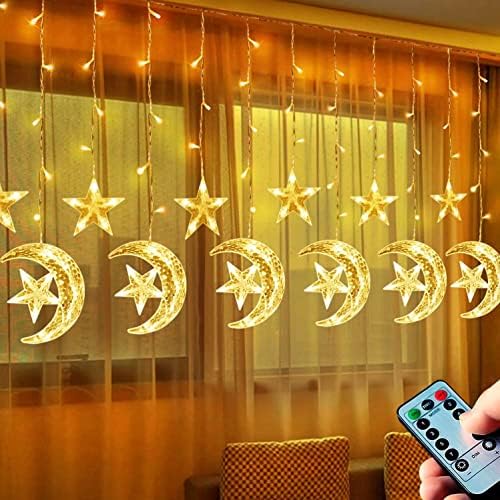 138 LED Star Moon Curtain Lights Ramadan Decorations Lights,8 Modes USB Powered Window Curtain Fairy String Lights with Remote Control, Christmas Wedding Party Ramadan Eid Decoration for Home